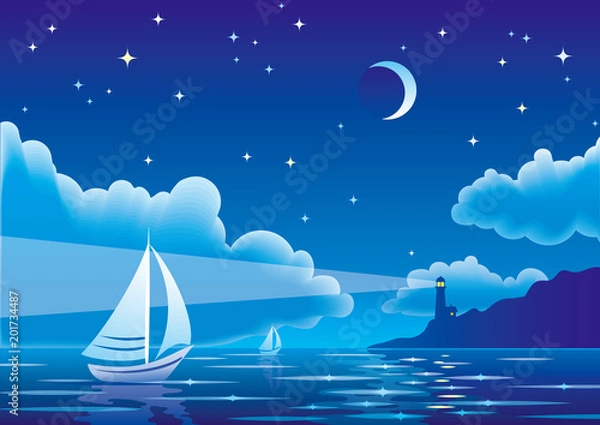 Obraz Vector night seascape with sailboat and lighthouse