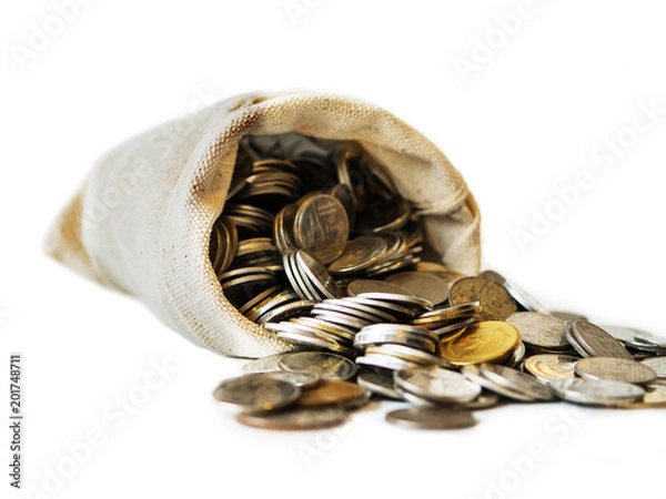 Fototapeta Thai Baht coin in small sack isolate on white background