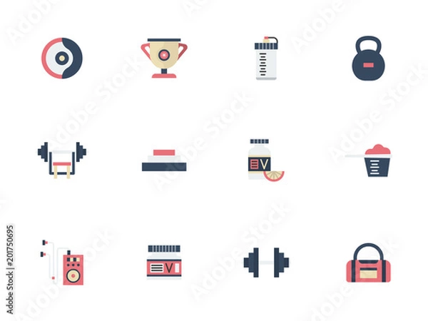 Fototapeta Sports and dieting flat color vector icons set