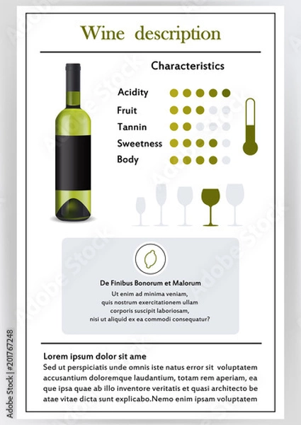 Fototapeta Vector illustration.Brochure,form describing characteristics of white wine.Feed temperature,brief description,history of origin, tableware glass for serving,taste criteria.Tannins,acidity,fortress.