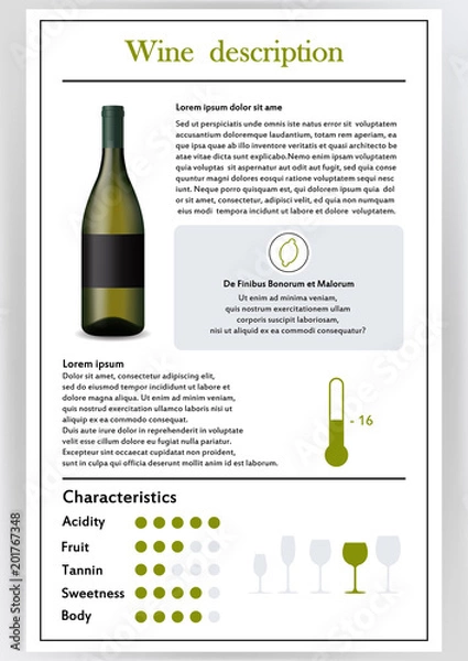 Fototapeta Vector illustration.Brochure,form describing characteristics of white wine.Feed temperature,brief description,history of origin, tableware glass for serving,taste criteria.Tannins,acidity,fortress.