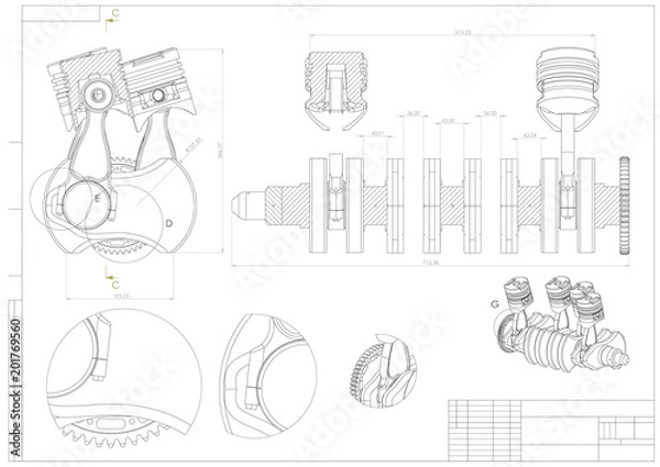 Fototapeta Machine building drawing. Engine car on a white