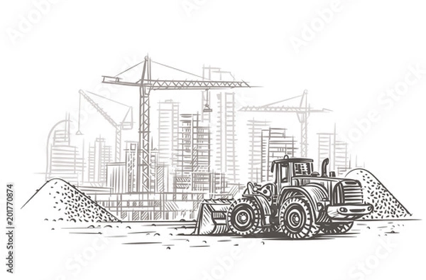 Fototapeta Dozer on construction site sketch. Vector. Layered. 
