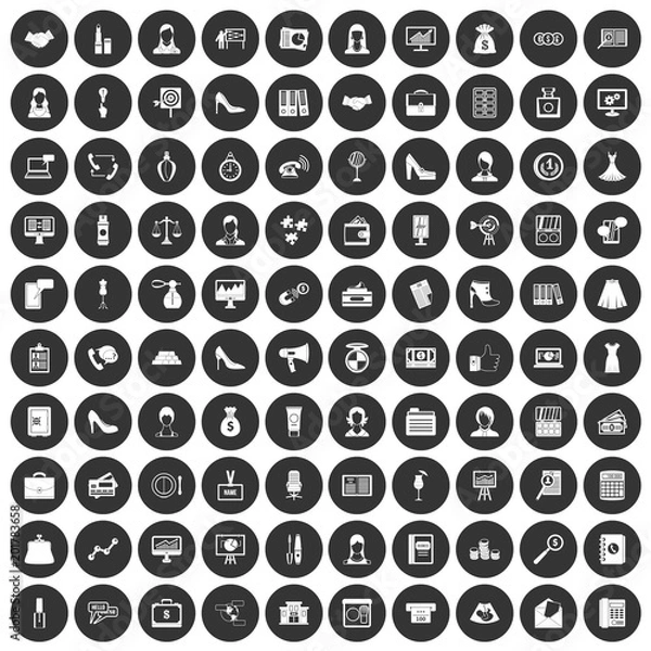 Fototapeta 100 business woman icons set in simple style white on black circle color isolated on white background vector illustration