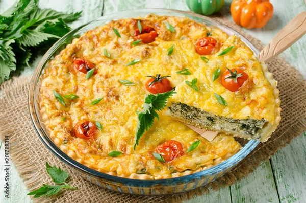 Fototapeta Quiche pie with cottage cheese and nettles