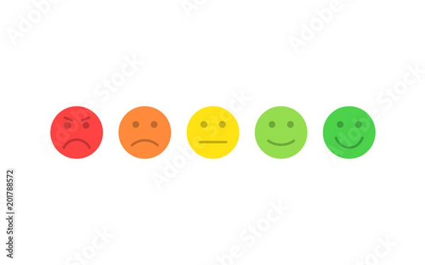 Fototapeta Feedback vector concept. Rank, level of satisfaction rating. Excellent, good, normal, bad awful. Feedback in form of emotions, smileys, emoji. User experience. Review of consumer.