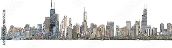 Obraz Ręcznie rysowane ilustracji. Kolorowa panorama na panoramę Chicago. Szczegółowy wygląd atramentu w kolorze