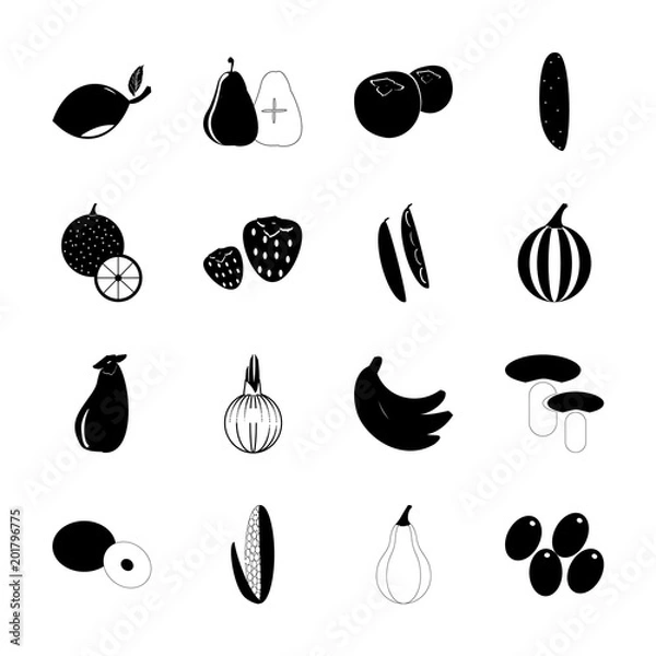 Fototapeta icon Fruits And Vegetables with vegetabl, bean, goldcrest, strawberr and melon