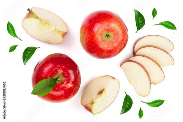 Obraz red apples with slices and leaves isolated on white background top view. Set or collection. Flat lay pattern