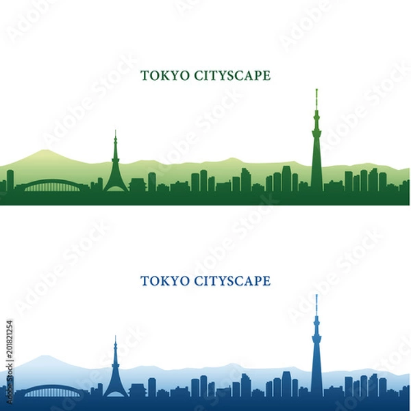 Fototapeta 東京の街並みのシルエット、東京タワー、スカイツリーなどランドマーク