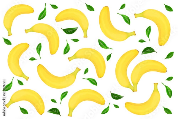 Fototapeta Seamless pattern from whole bananas decorated with green leaves isolated on white background. Top view. Flat lay