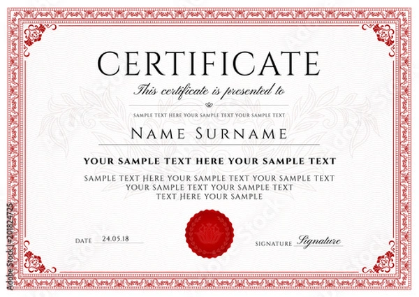 Fototapeta Certificate, Diploma of completion (design template, white background) with Frame, Border, light Guilloche pattern (watermark)