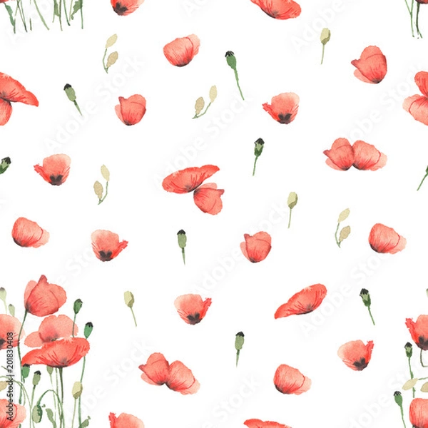 Fototapeta Seamless background with red poppy flowers, in watercolor style.