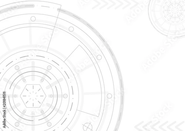 Obraz Abstract technology background. Modern technology concept. Gray lines design on white background. Circle engeneering drawing. Template for presentation, banner, flyer, report, business A4 Vector AI10