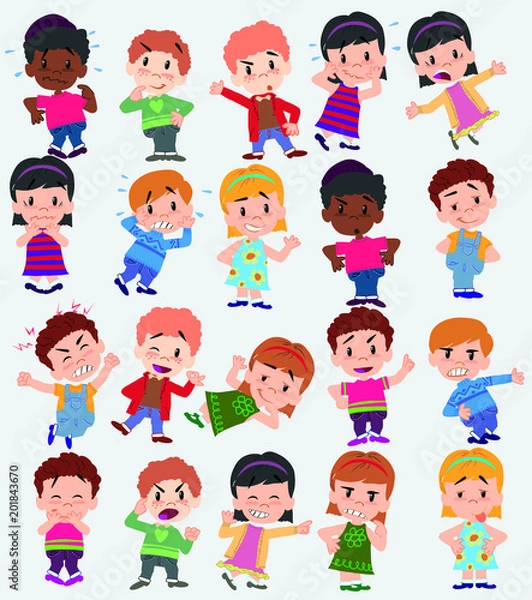 Fototapeta Cartoon character boys and girls. Set with different postures, attitudes and poses, doing different activities. Vector illustrations.