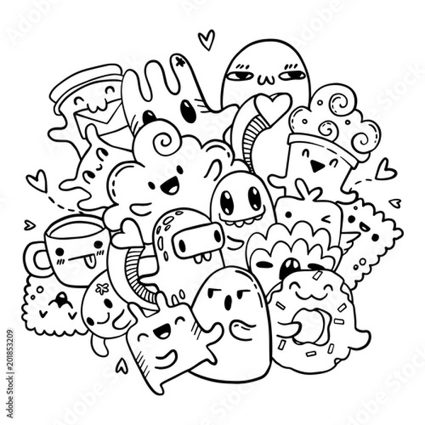Fototapeta Cute doodles hand drawn pattern. Vector isolated outline set of cartoon monsters. Coloring book page.