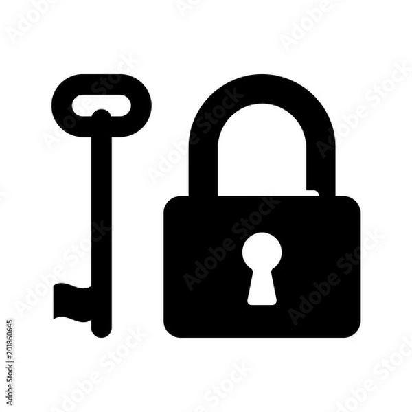Fototapeta Old key and padlock silhouettes, isolated vector objects.
