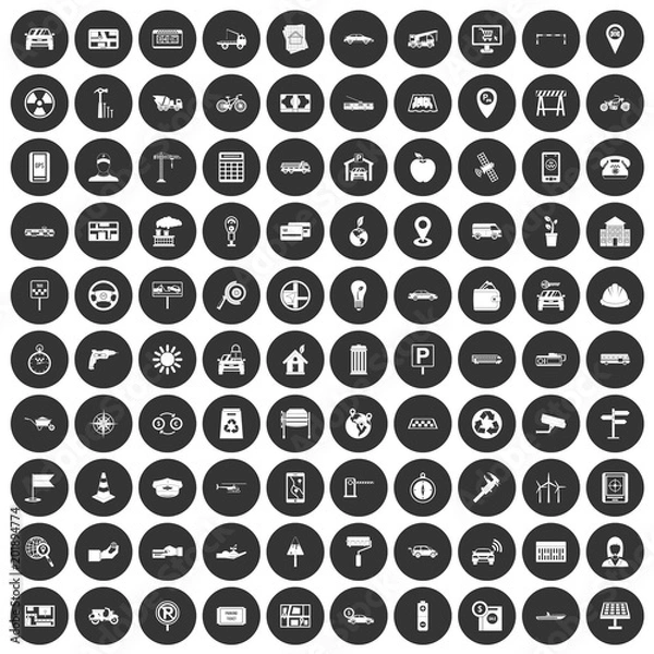 Fototapeta 100 car icons set in simple style white on black circle color isolated on white background vector illustration