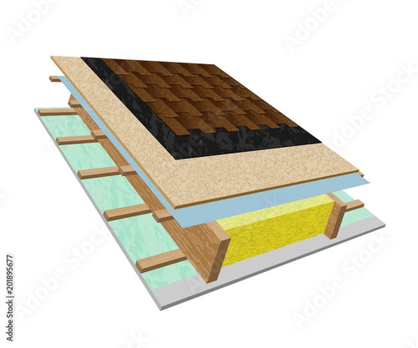 Obraz Roof structure in a cut - bitumen shingles, roofing material, plywood, hydro barrier, insulation, mineral wool, wooden slats, paro barrier, gypsum board. Illustration vector