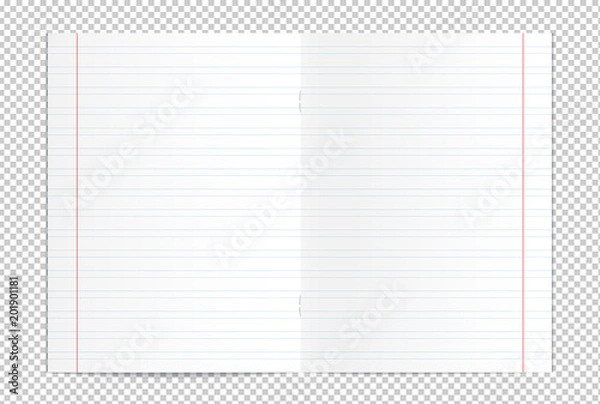 Fototapeta Vector illustration of realistic blank writing practice copybook spread isolated on transparent background. Lined pages for handwriting and lettering used in elementary school