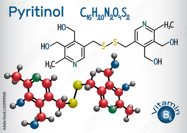 Fototapeta Pyritinol molecule, is a vitamin B6. Structural chemical formula and molecule model