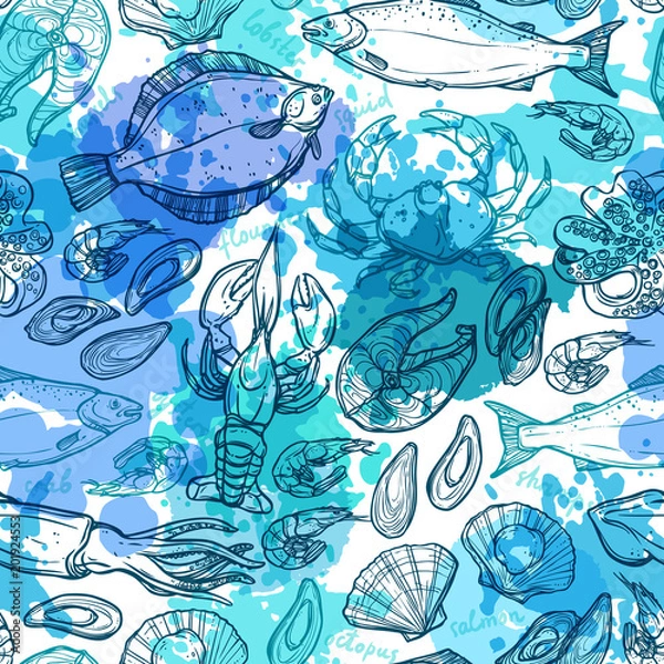 Obraz Seamless Hand Drawn Seafood Pattern With Blue Watercolor Texture