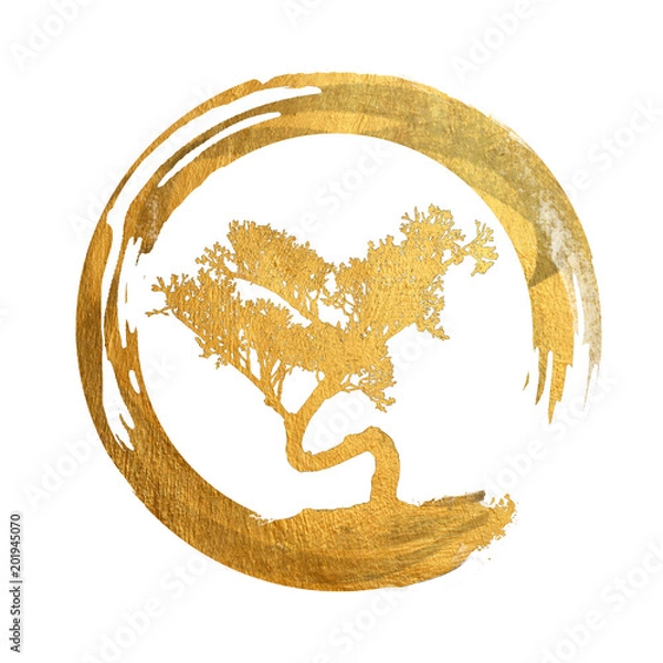 Fototapeta Bonsai Tree, Enso Circle, Feng Shui Symbol, Asian Art Calligraphy, Gold, Golden, Japanese / Chinese - Copy, Text, Body Space - Background Isolated