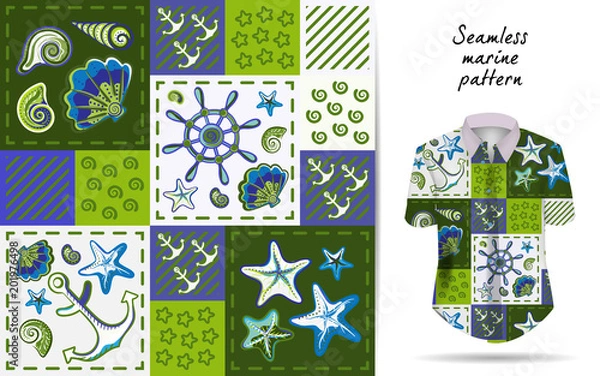Fototapeta Nautical marine patchwork seamless pattern with shells, starfish, anchor and wheel. Patchwork background with sea life used on t-shirt mockup