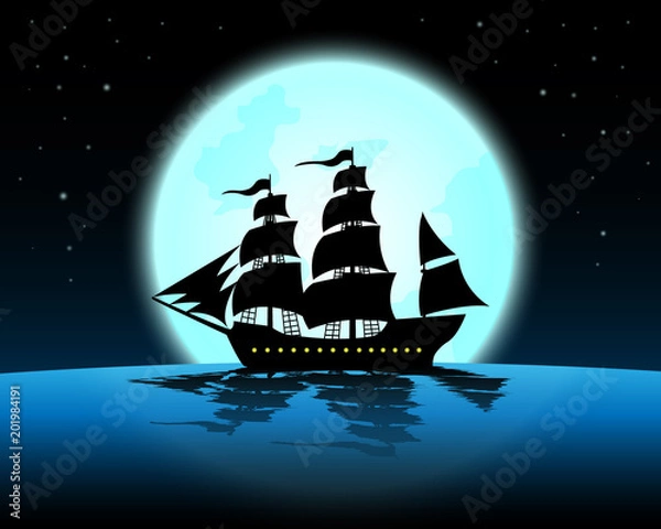 Fototapeta large marine in the night of full moon;blue ocean with marine at midnight with full moon;star on the sky;beautiful silhouette night landscape vector design