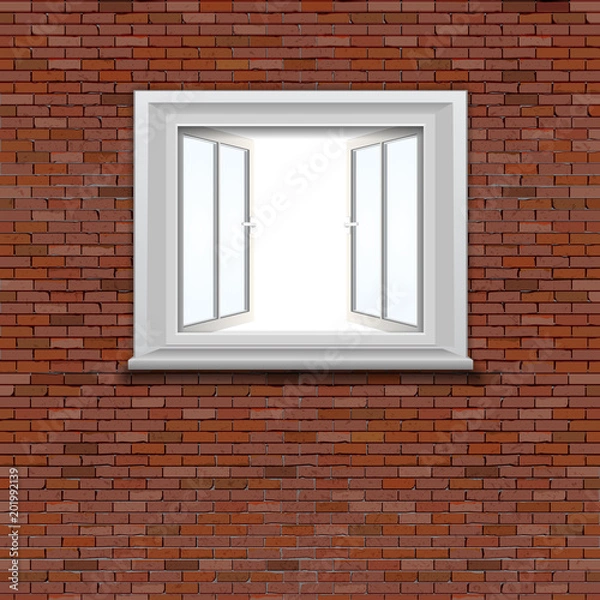 Fototapeta Open window in a brick wall, white isolated background inside.