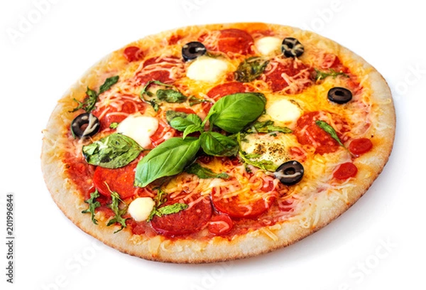 Fototapeta Hot Pepperoni Pizza isolated on white background. Pizza with mozzarella cheese, Basil leaf and tomato sauce, top view.