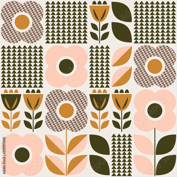 Fototapeta seamless pattern with floral elements in retro scandinavian style