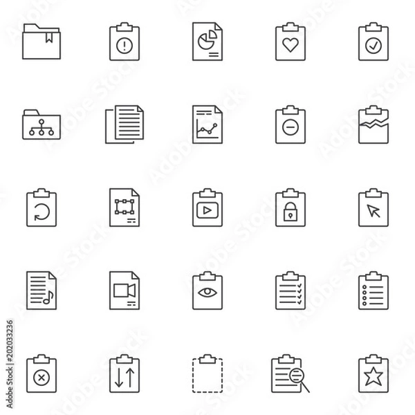 Fototapeta File and folders outline icons set. linear style symbols collection, line signs pack. vector graphics. Set includes icons as bookmarked folder, clipboard with exclamation mark, business report file