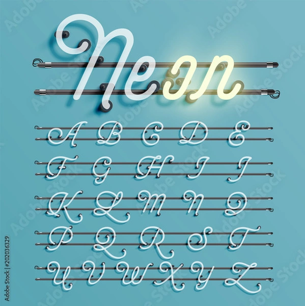 Fototapeta Realistic neon font with wires and console, vector illustration