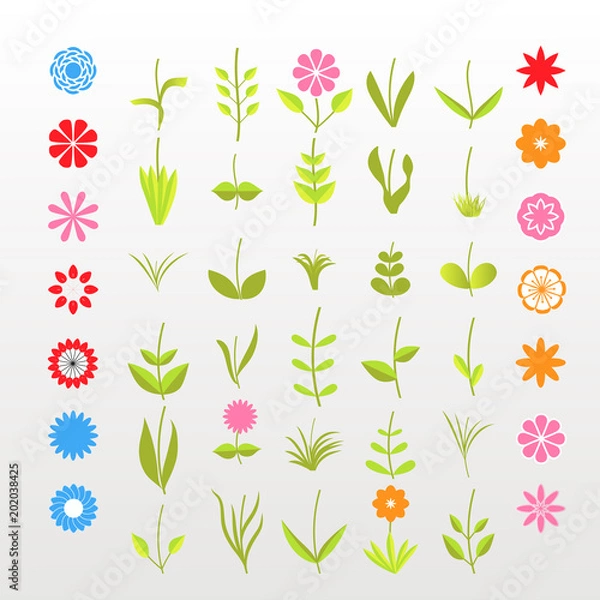 Obraz The designer of flowers. A set of simple elements, a large set of simple elements of leaves and flowers branches on a white background. Vector illustration