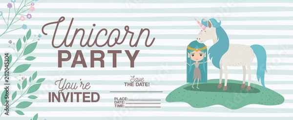 Fototapeta fairy with unicorn invitation card vector illustration design