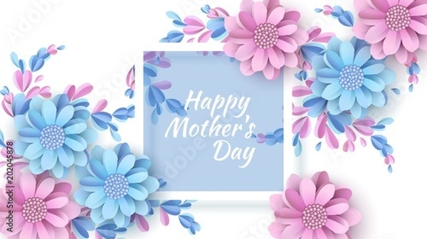 Fototapeta Abstract Festive Background with Flowers and a Rectangular Frame. Happy Mother's Day. Women's Day, March 8. Paper cut Floral Greeting Card. Vector illustration