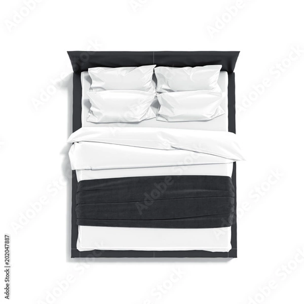 Fototapeta Black bed with white linens, top view, 3d rendering