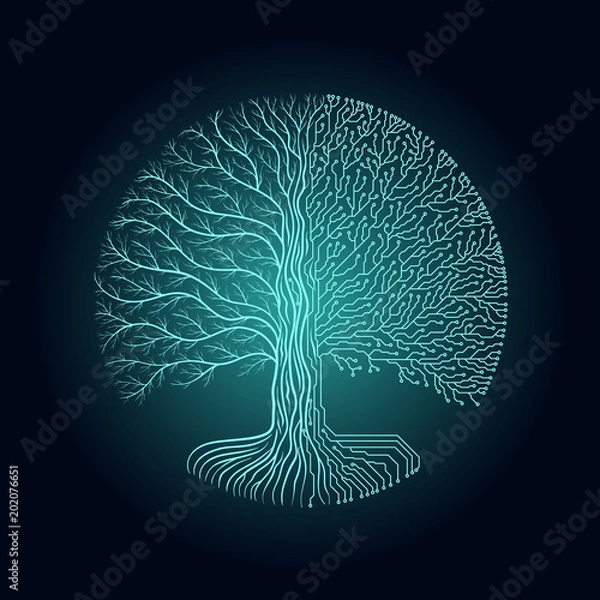 Fototapeta Hi-tech circuit style round yggdrasil tree. Cyberpunk futuristic design. Progress symbol