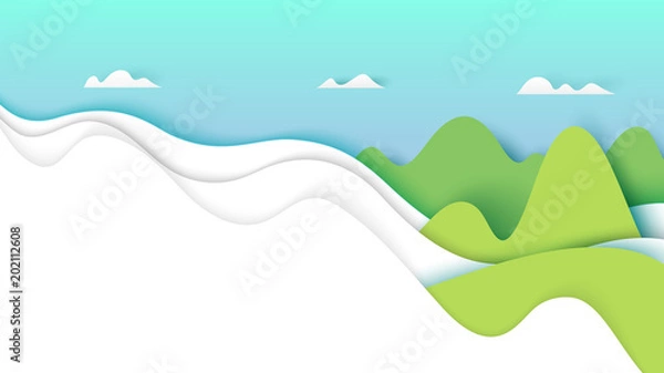 Fototapeta Nature landscape with clouds and mountains.Paper art style vector illustration.