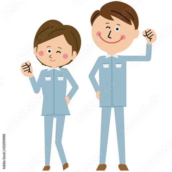 Fototapeta ポップな青い制服の作業員 男女１　ガッツポーズ