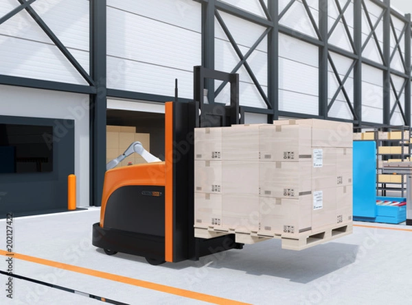 Fototapeta Autonomous forklift carrying pallet of goods in logistics center. 3D rendering image.