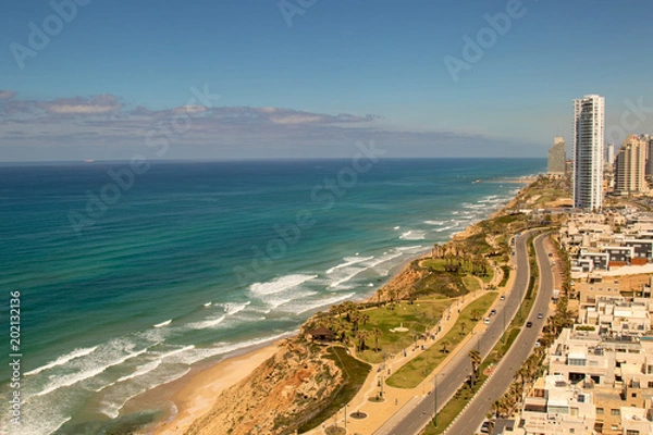 Obraz Panoramic view of sea shore in sunny day. Netanya city, Israel