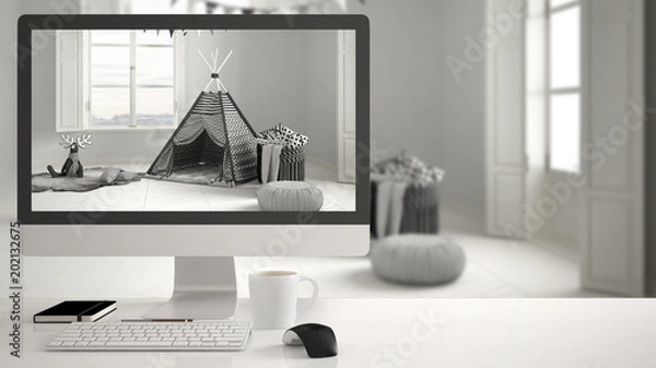 Fototapeta Architect house project concept, desktop computer on white work desk showing scandinavian child room, minimalistic blurred interior design in the background