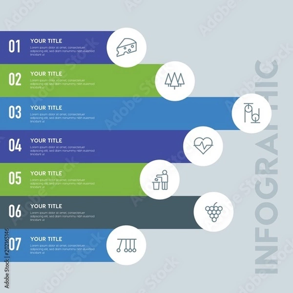 Obraz Flat food, health, science, nature infographic steps template with 7 options for presentations, advertising, annual reports.