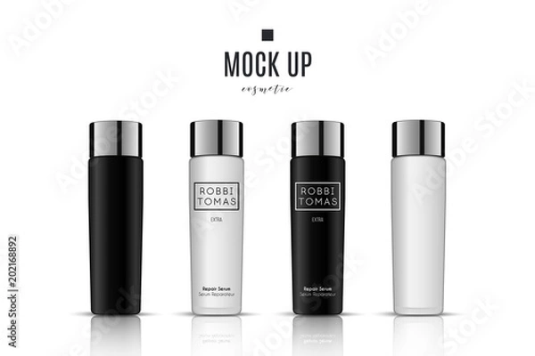 Fototapeta Realistic white cosmetic cream container and tube for cream, ointment, toothpaste, lotion Mock up bottle. Gel, powder, balsam, with design label. Soap pump. Containers for bulk mixtures.