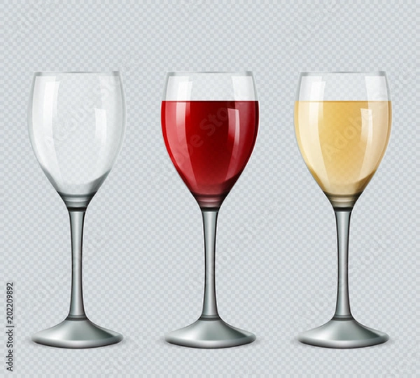 Fototapeta Set transparent vector wine glasses empty, with white and red wine on transparent background. 3d realistic vector image