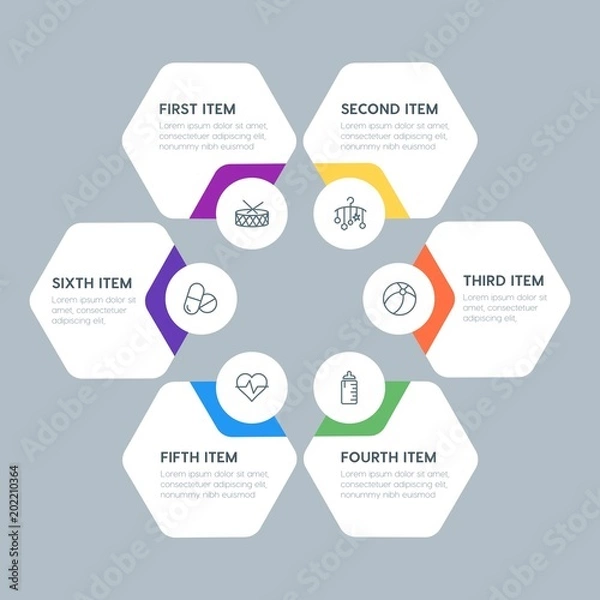 Fototapeta Flat geometric health, kids_and_toys infographic steps template with 6 options for presentations, advertising, annual reports.