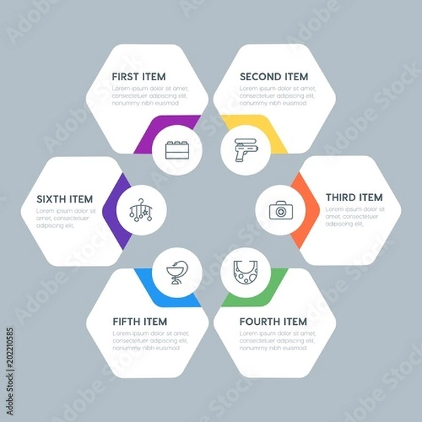 Fototapeta Flat geometric health, kids_and_toys infographic steps template with 6 options for presentations, advertising, annual reports.