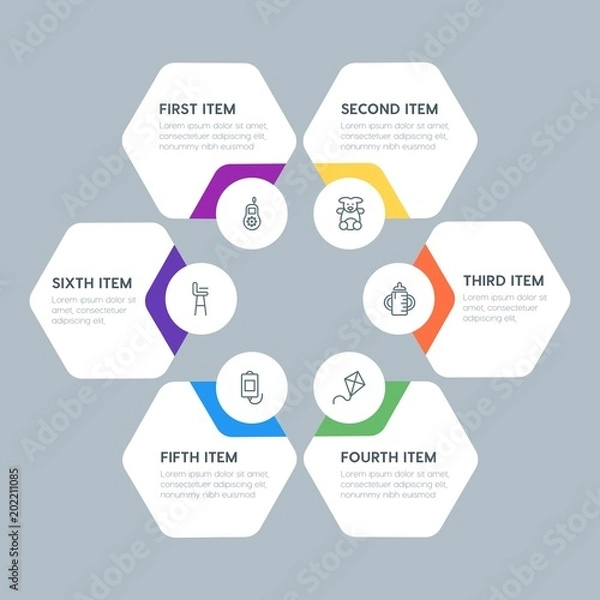 Fototapeta Flat geometric health, kids_and_toys infographic steps template with 6 options for presentations, advertising, annual reports.
